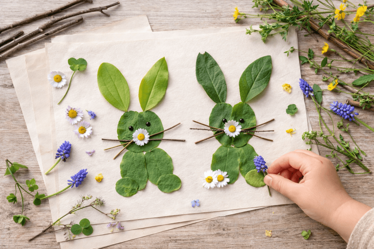 Gebastelte Hasen aus Blättern, Zweigen und kleinen Blumen auf Papier gelegt
