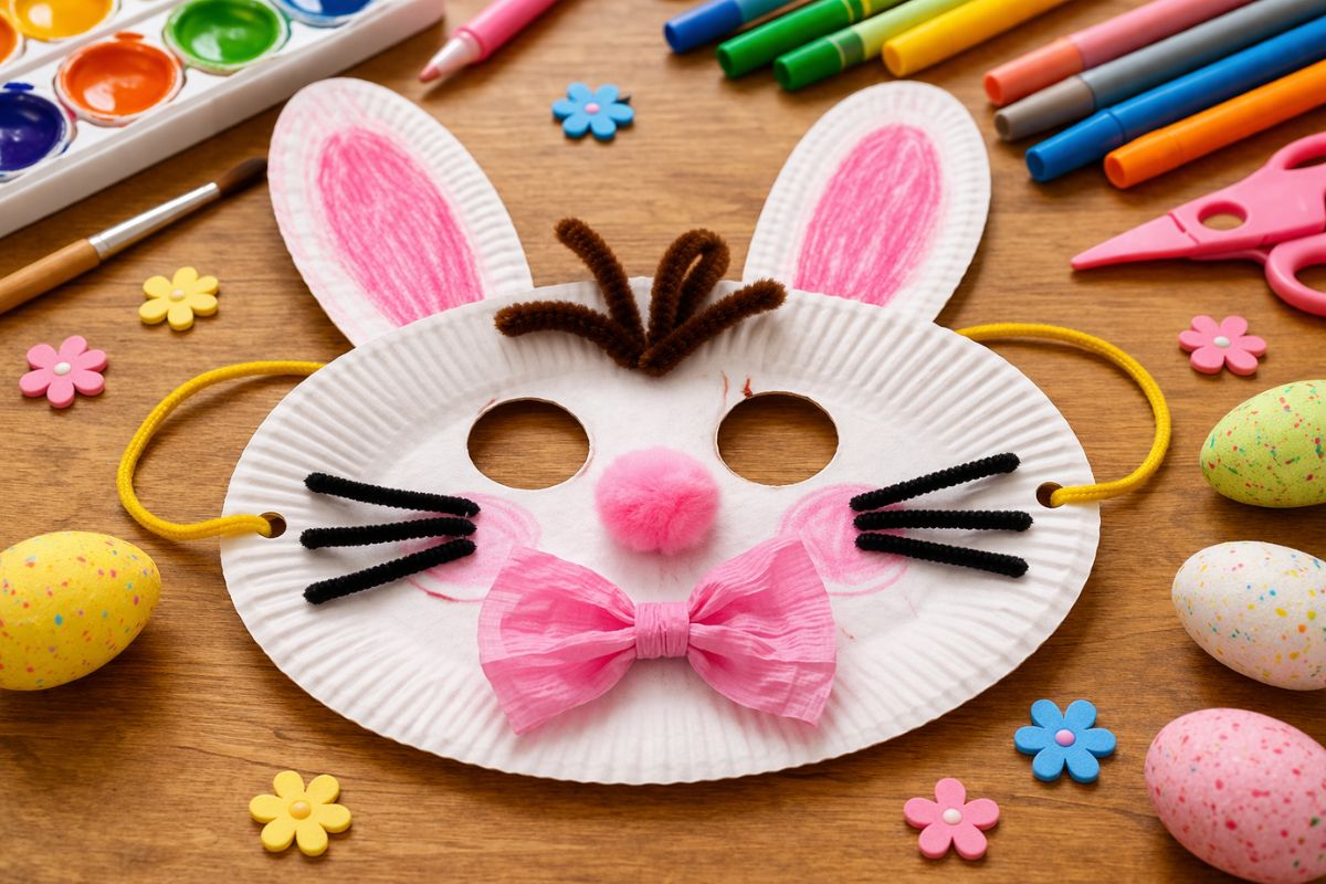 selbst gebastelte Hasenmaske aus Pappteller mit Pfeifenreinigern und Krepppapier für Ostern