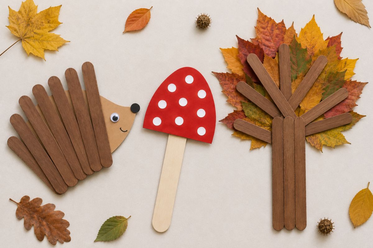Herbstliche Bastelideen aus Holzstäbchen mit einem Igel, einem Fliegenpilz und einem Baum aus Eisstielen mit echtem Herbstlaub zum Basteln mit Kindern.