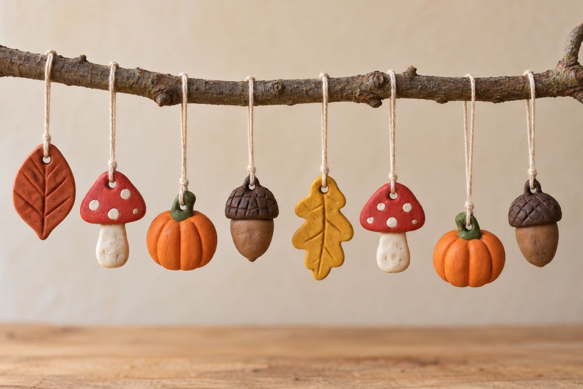 Herbst basteln mit Kindern: Anhänger aus Fimo mit Blättern, Pilzen, Kürbissen und Eicheln