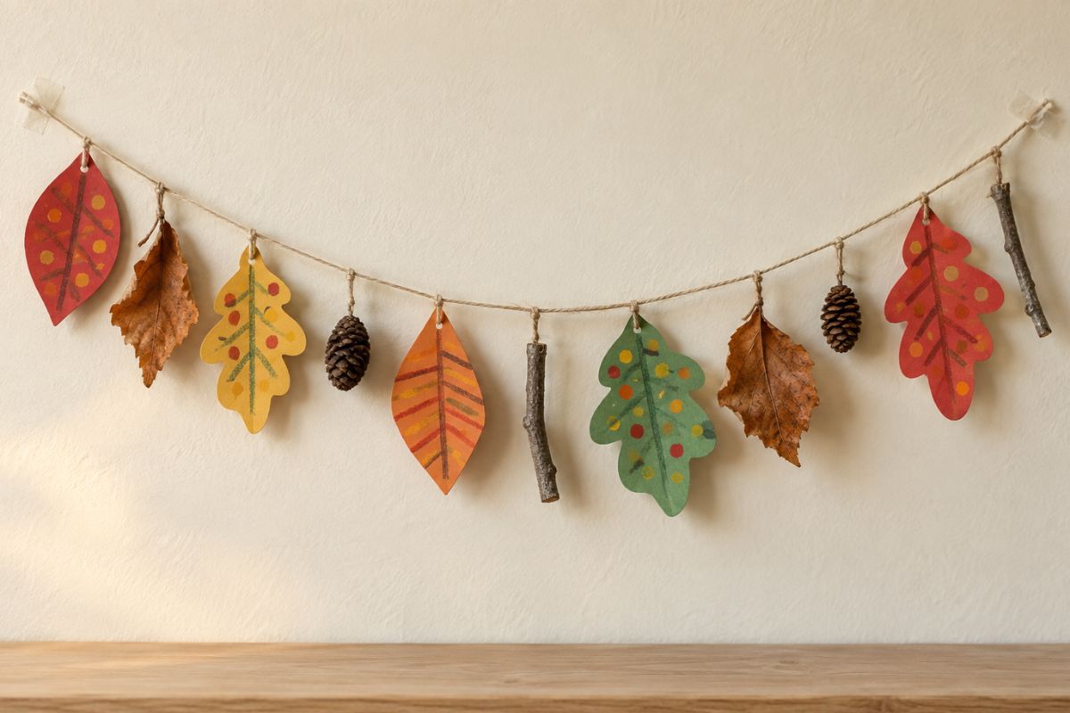 Herbst basteln mit Kindern: Girlande aus Papierblättern und Naturmaterialien