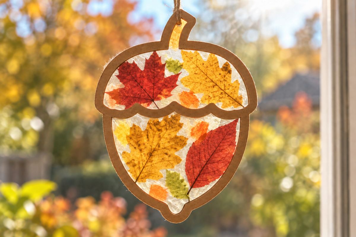 Herbst basteln mit Kindern: Eichel-Sonnenfänger mit echten Blättern