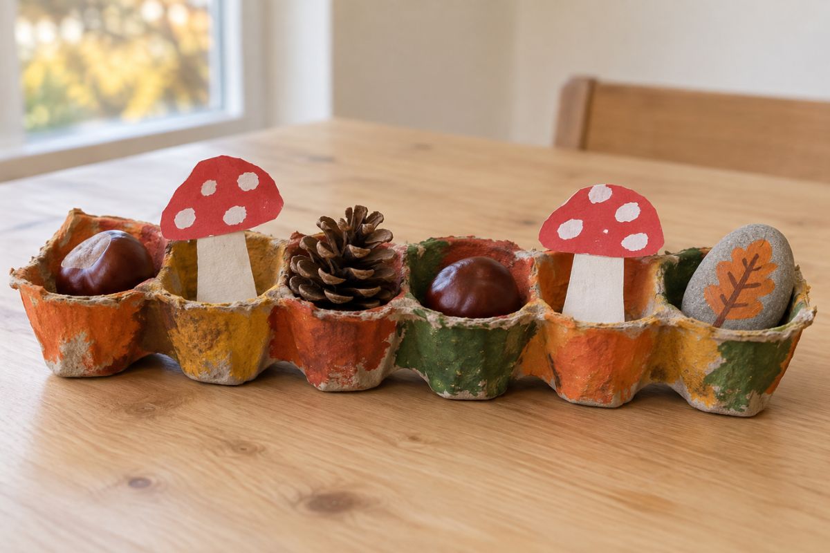 Herbst basteln mit Kindern: Tischdeko aus einem bemalten Eierkarton