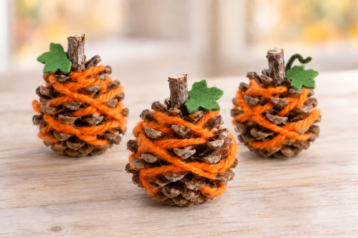 Herbst basteln mit Kindern: Zapfen-Kürbisse mit orangefarbener Wolle und grünen Filzblättern
