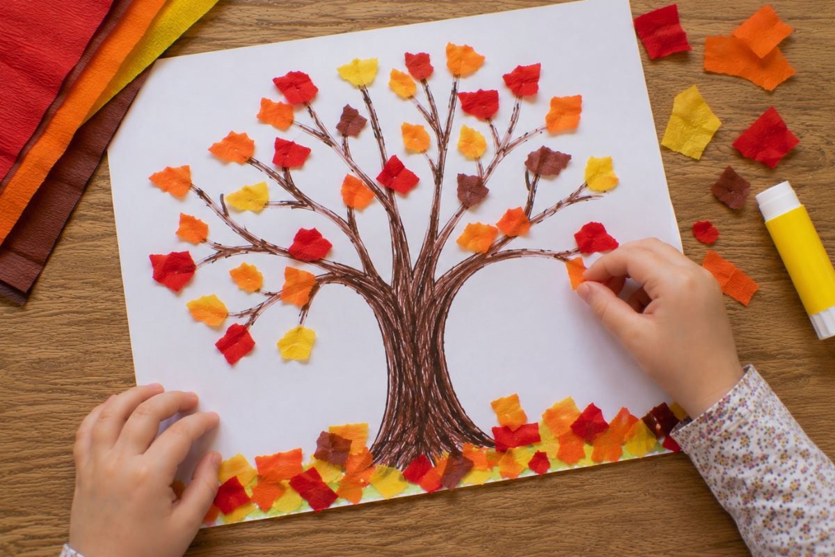 Herbstbaum basteln mit Krepppapier: Von einem Kind gestalteter kahler Baum mit roten, orangefarbenen, gelben und braunen Krepppapierblättern auf weißem Papier