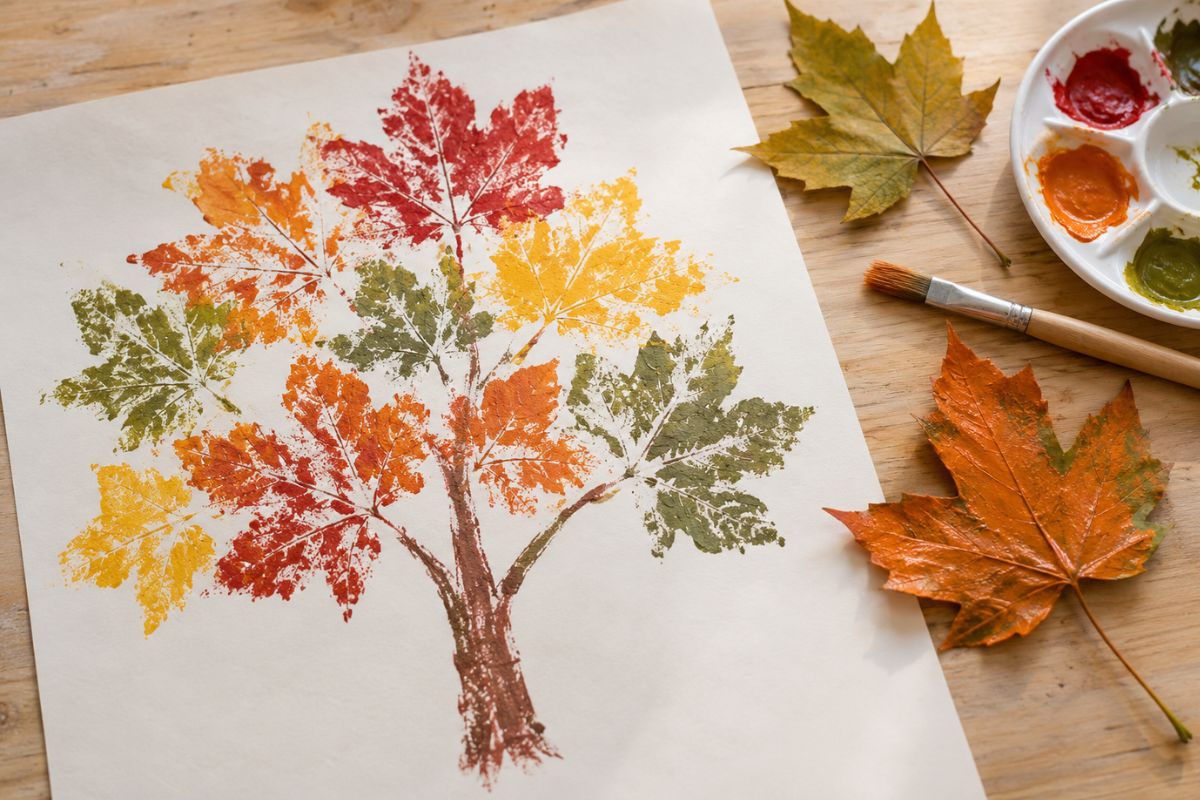 Herbst basteln mit Kindern: Herbstblätter mit Kindern bedrucken und einen bunten Herbstbaum gestalten
