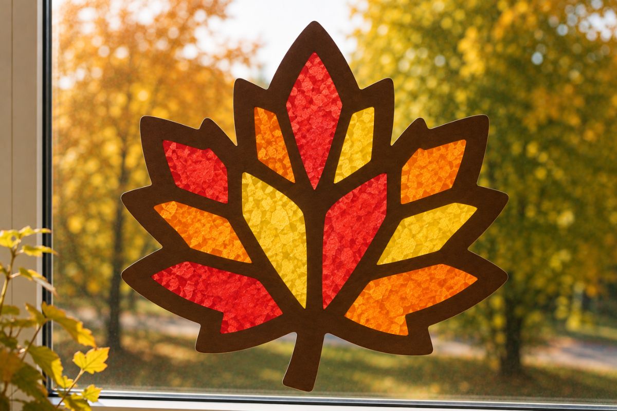 Herbstblatt-Fensterbild aus braunem Tonkarton mit rotem, orangefarbenem und gelbem Transparentpapier am Fenster