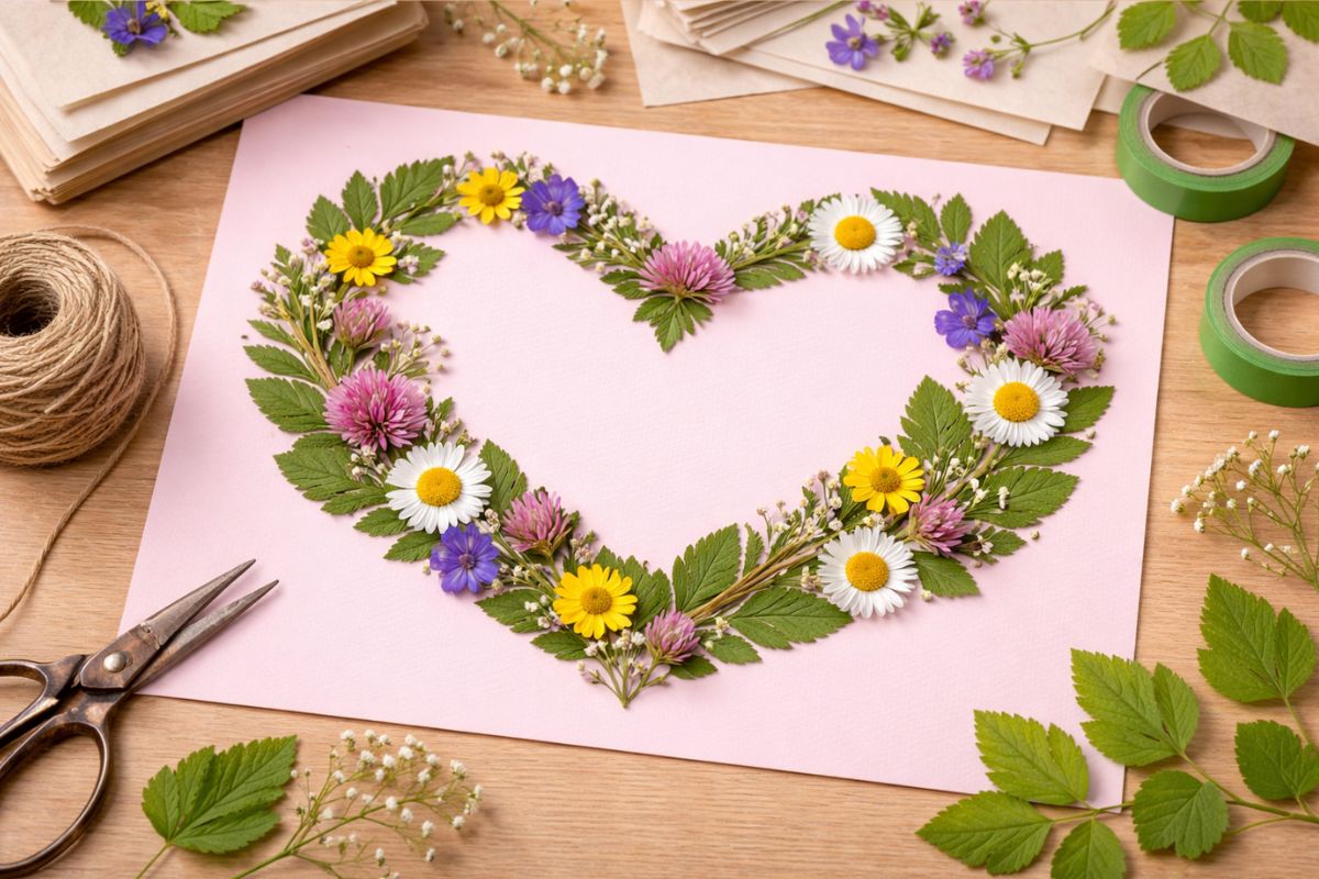 Herz aus gepressten Blumen und Blättern auf buntem Papier geklebt, einfache Bastelidee für Kinder zum Muttertag