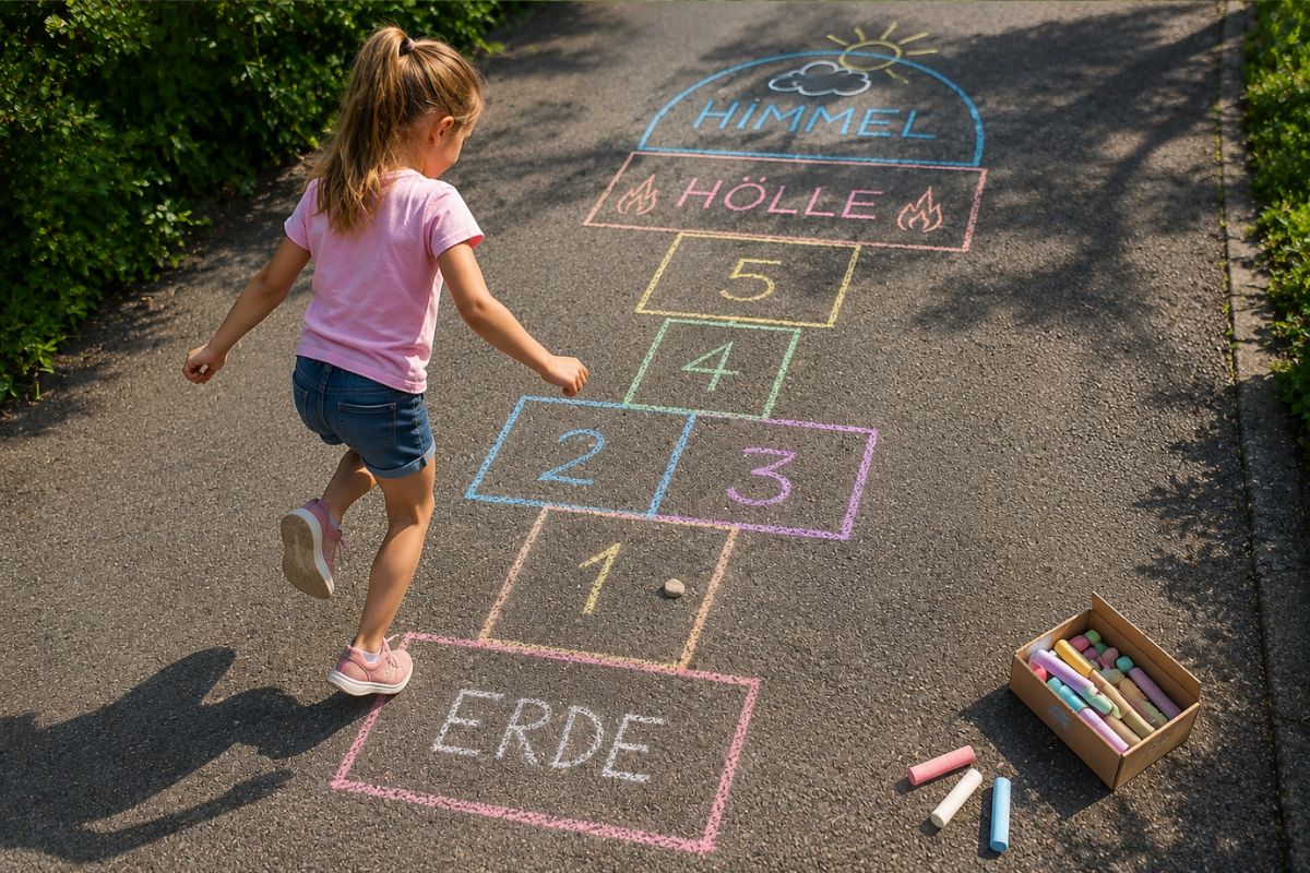 Kind spielt Himmel und Hölle mit Straßenkreide draußen – klassisches Hüpfspiel und Bewegungsspiel für Kinder