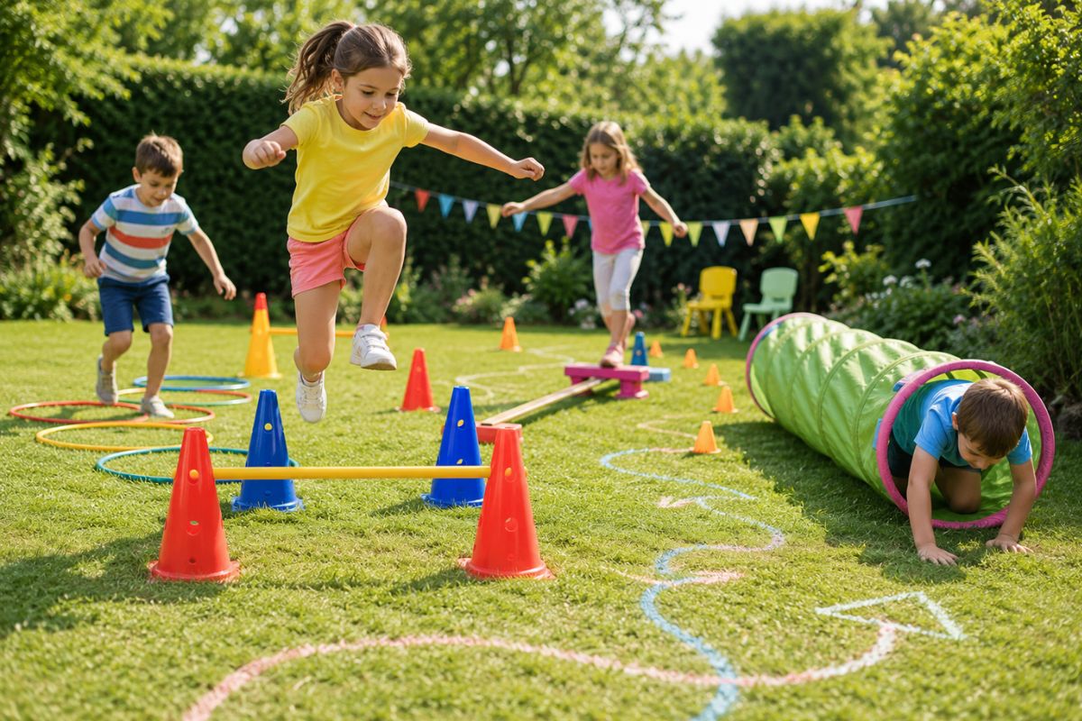 Kinder spielen einen Hindernisparcours draußen im Garten mit Reifen, Tunnel, Balancierstation und Hütchen