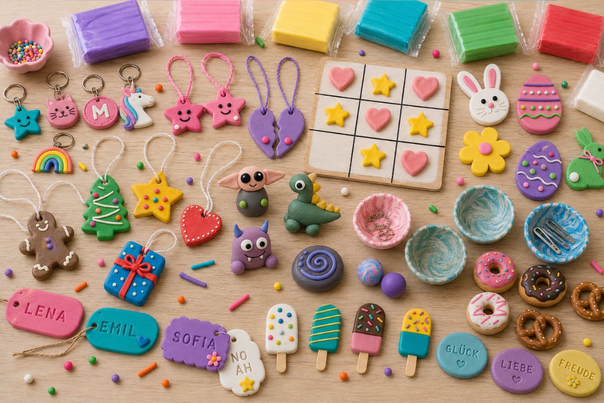 Ideen für Fimo für Kinder mit Anhängern, Figuren, Namensschildern, Schmuckschalen, Mini-Essen, Glückssteinen und Spielideen