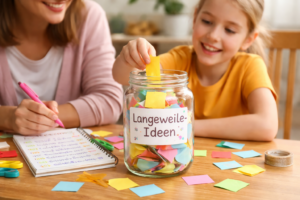 Ideenglas gegen Langeweile für Kinder mit Beschäftigungsideen auf kleinen Zetteln