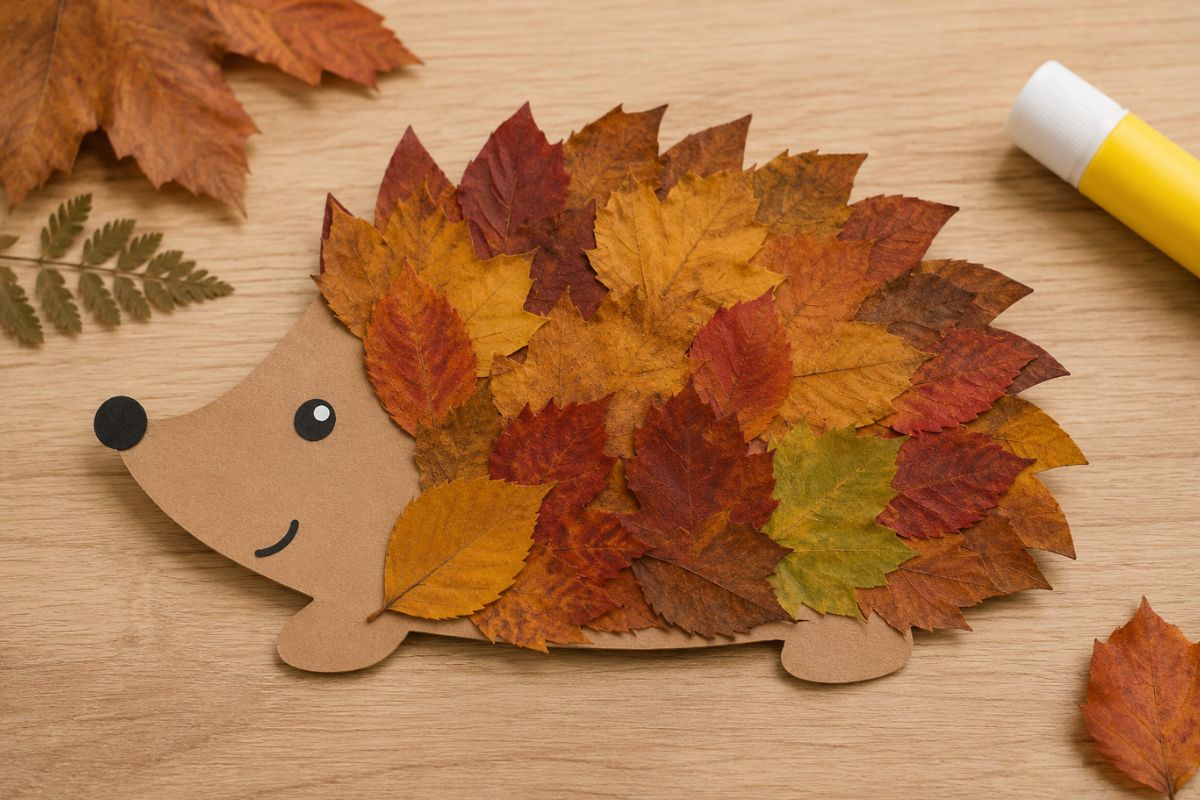 Igel mit bunten Herbstblättern basteln – einfache Bastelidee für Kinder
