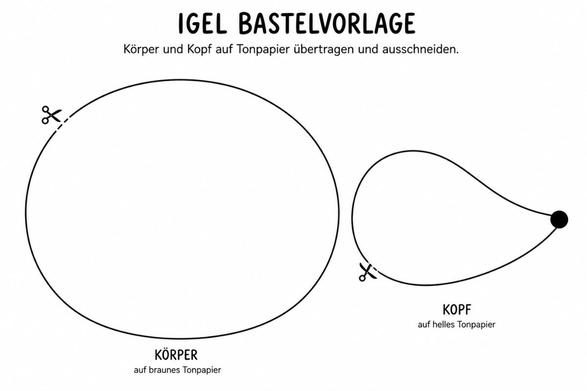 Igel Bastelvorlage zum Ausdrucken mit getrennten Vorlagen für Körper und Kopf