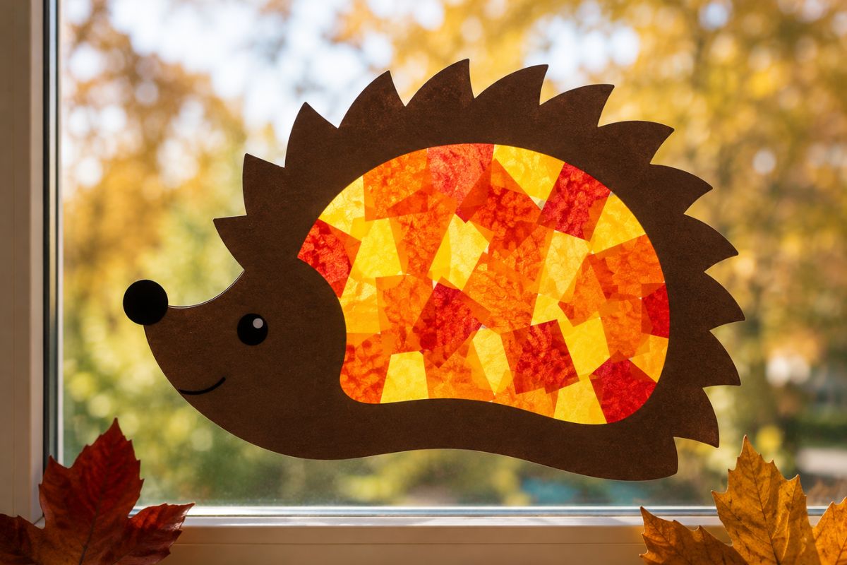 Igel-Fensterbild aus braunem Tonkarton mit ausgeschnittenem Stachelbereich, der mit gelbem, orangefarbenem und rotem Transparentpapier hinterklebt ist