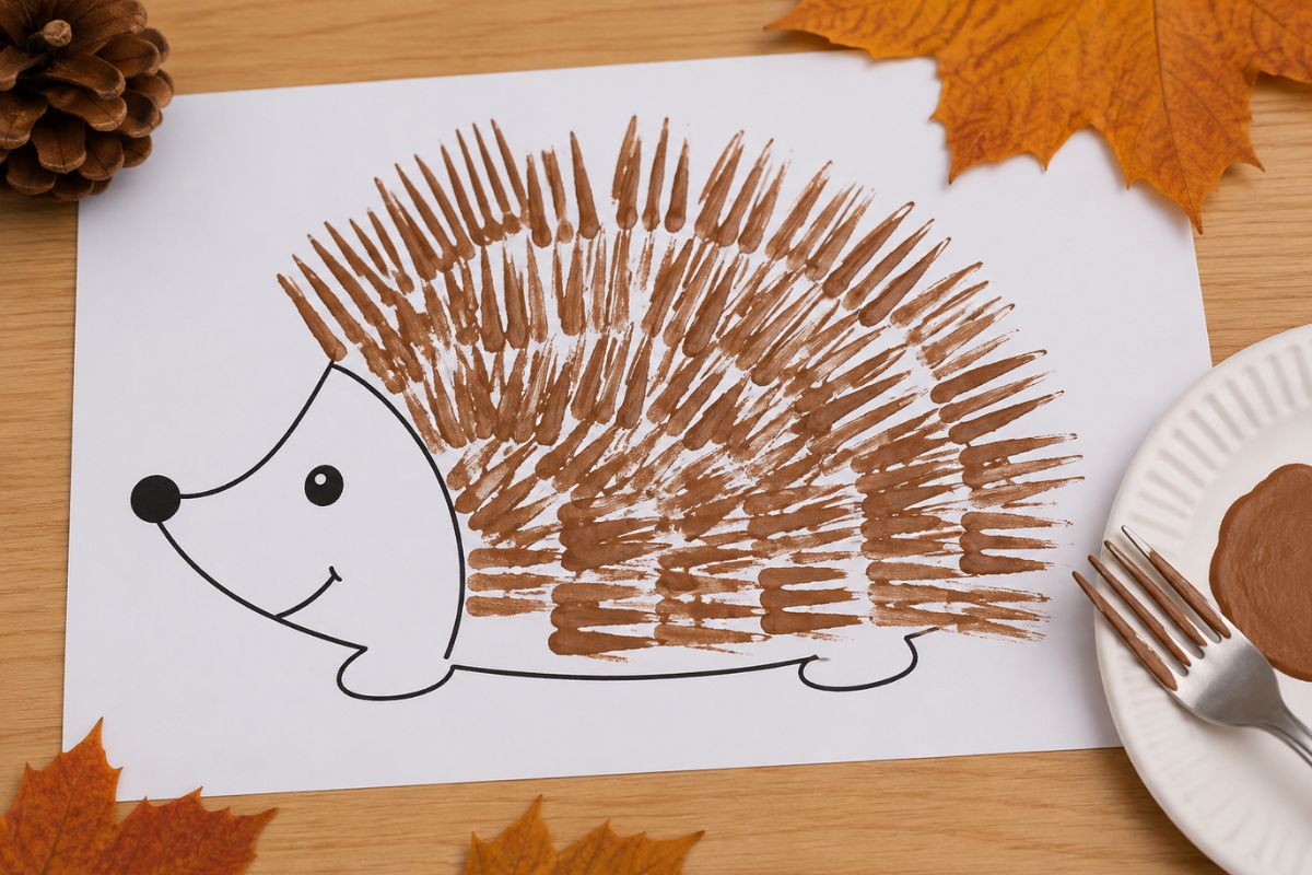 Igel mit Gabeldruck basteln – einfache Bastelidee mit brauner Farbe für Kinder