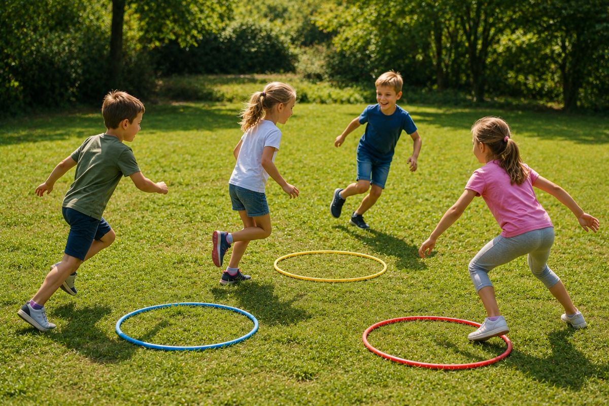 Kinder spielen Inselspiel draußen mit Reifen auf einer Wiese – einfaches Bewegungsspiel und Inselfangen für Kinder