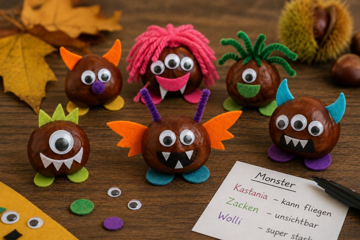 Bunte Kastanienmonster mit Wackelaugen, Filz, Wollhaaren und Papierhörnern als einfache Halloween-Bastelidee für Kinder.