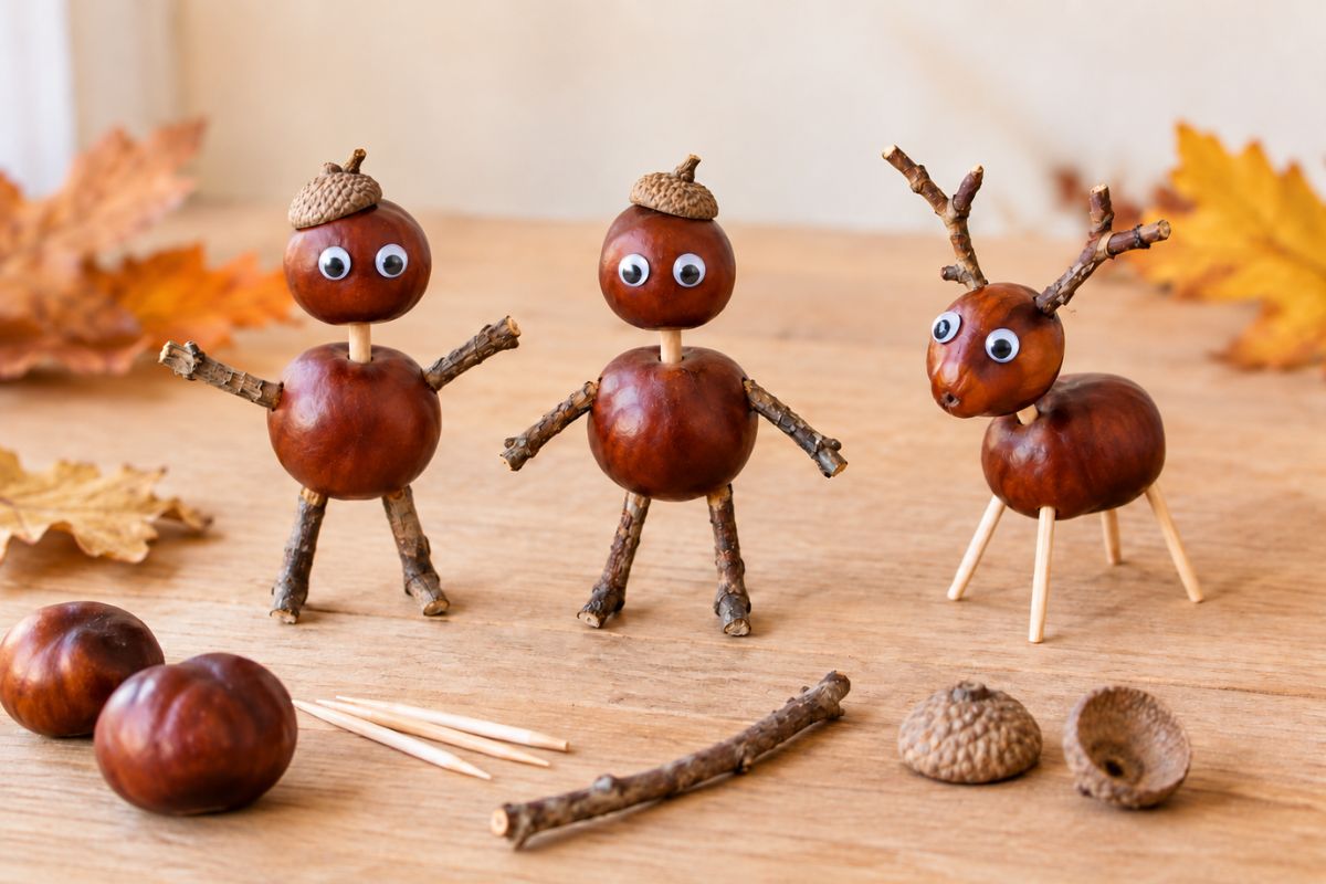 Herbst basteln mit Kindern – Menschen und Tier aus Kastanien, Zweigen und Eichelhütchen
