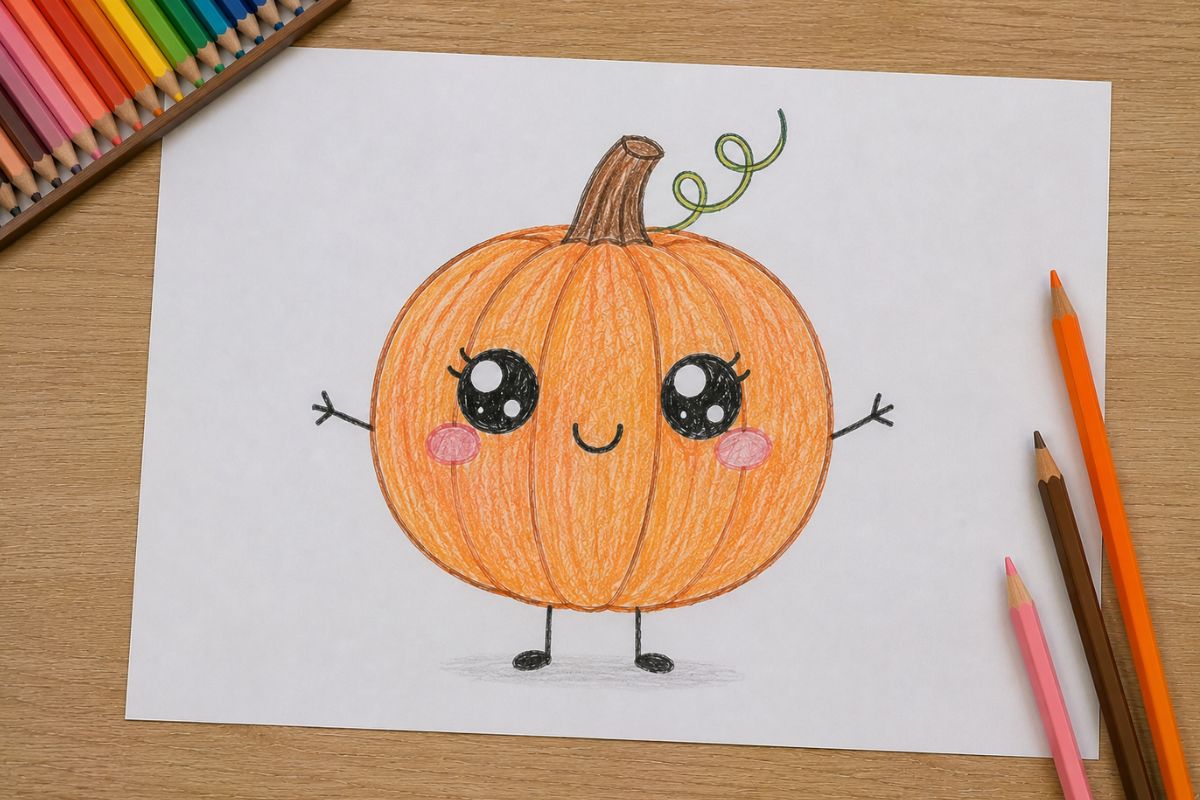 Einfach gemalter Kawaii-Kürbis mit großen Augen, rosafarbenen Wangen sowie kleinen Armen und Beinen