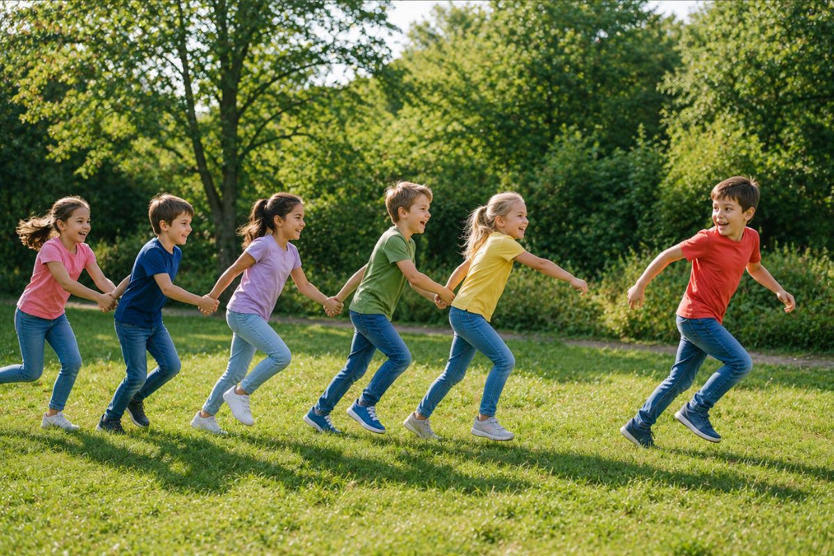 Kinder spielen Kettenfangen draußen auf einer Wiese – Bewegungsspiel für Kindergarten und Grundschule