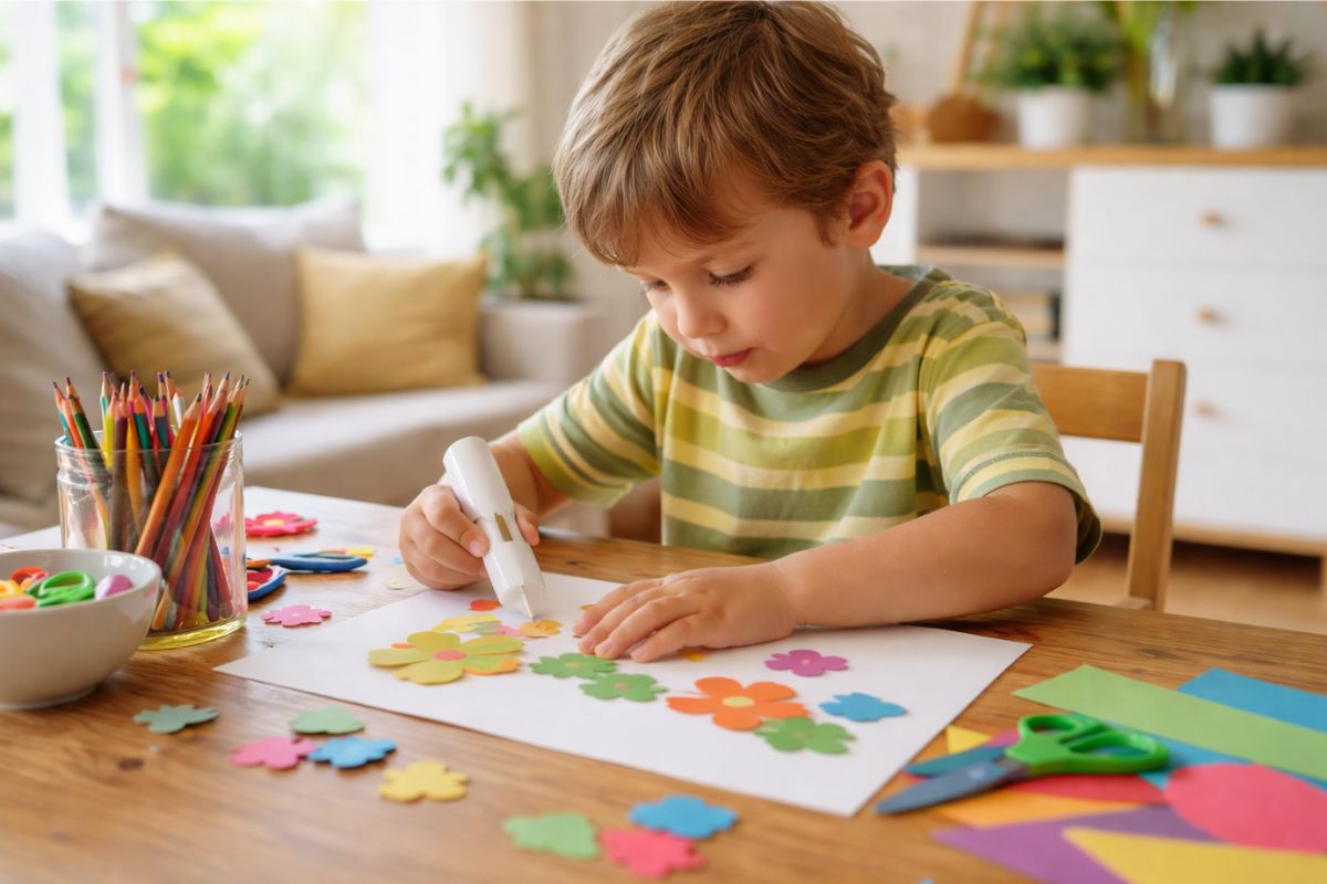 Kind bastelt alleine am Tisch einfache Bastelidee Kinder zuhause beschäftigen Frühling