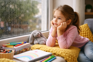 Kind schaut bei Regen aus dem Fenster und langweilt sich zuhause