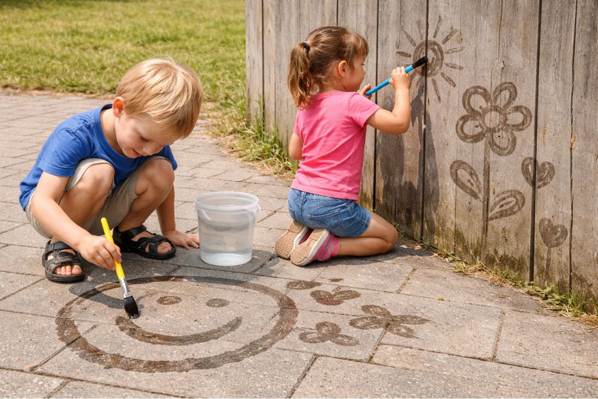 Kinder malen draußen mit Wasser und Pinsel auf Pflastersteinen und Holz, einfache Motive wie Sonne und Blumen entstehen und verschwinden wieder