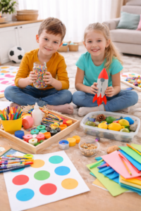 Kinder spielen und basteln zuhause mit einfachen Materialien ohne Bildschirm