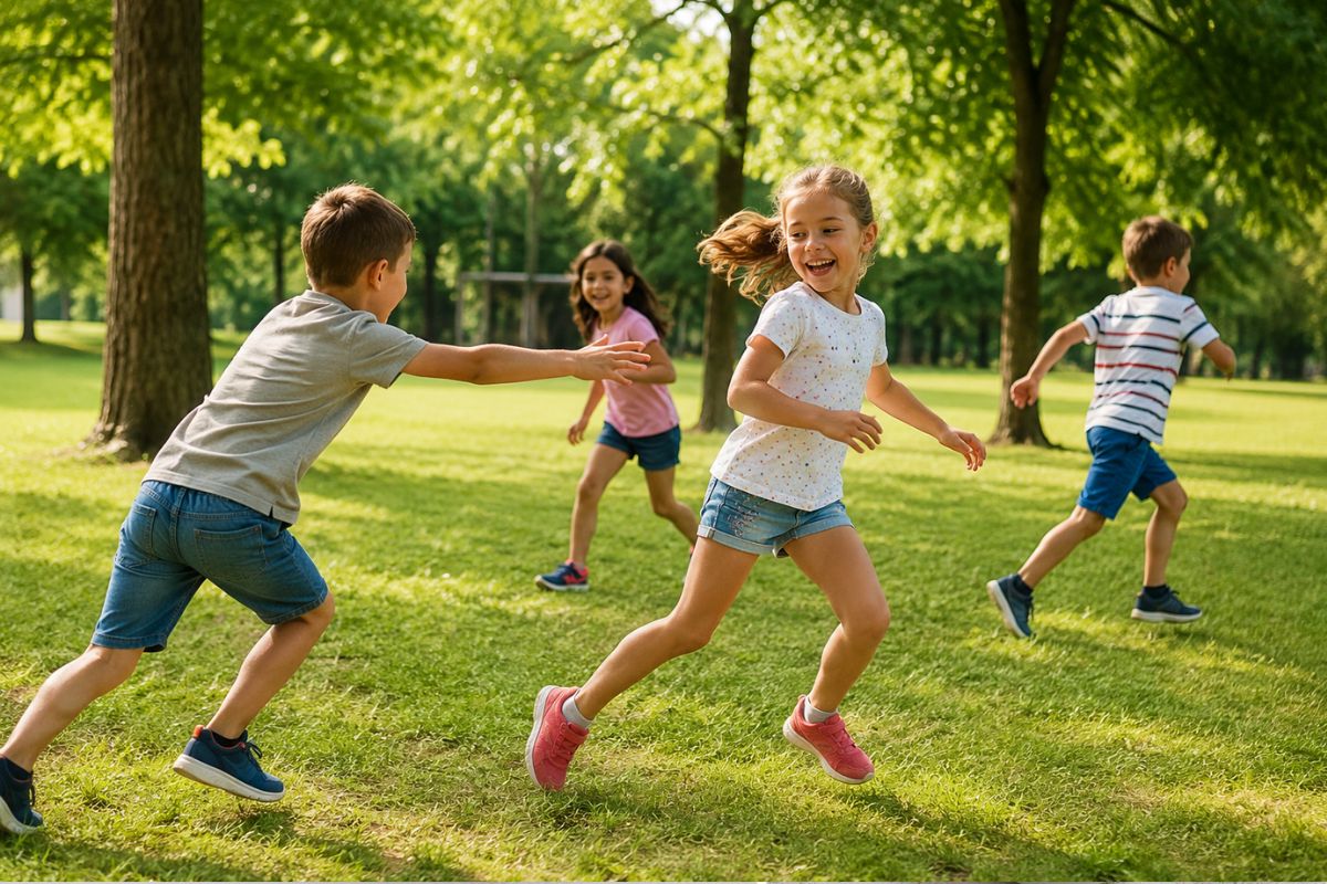 Kinder spielen Fangen draußen im Park – einfaches Bewegungsspiel outdoor für Kindergarten und Grundschule