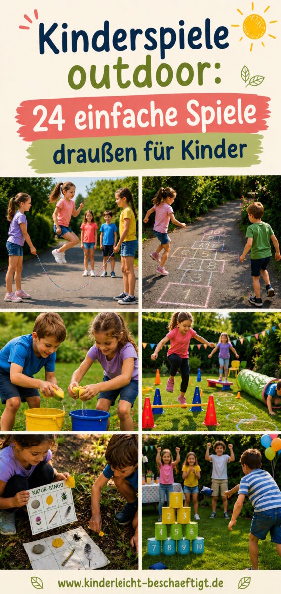 Collage mit Kinderspielen outdoor für Kinder mit Seilspringen, Natur-Bingo, Hindernisparcours, Wassertransport und Dosenwerfen draußen