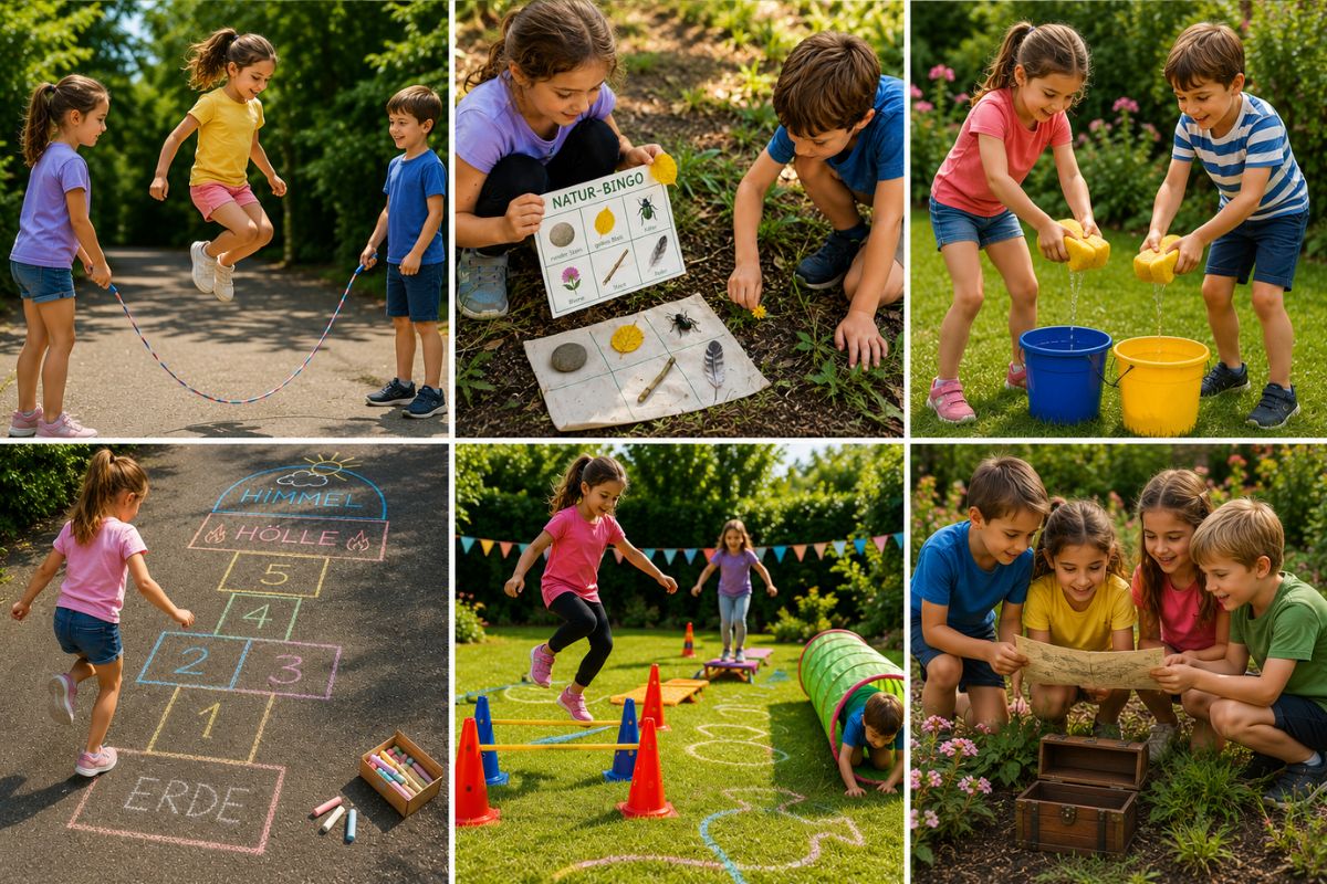 Collage mit verschiedenen Kinderspielen outdoor wie Seilspringen, Natur-Bingo, Wassertransport, Himmel und Hölle, Hindernisparcours und Schatzsuche draußen
