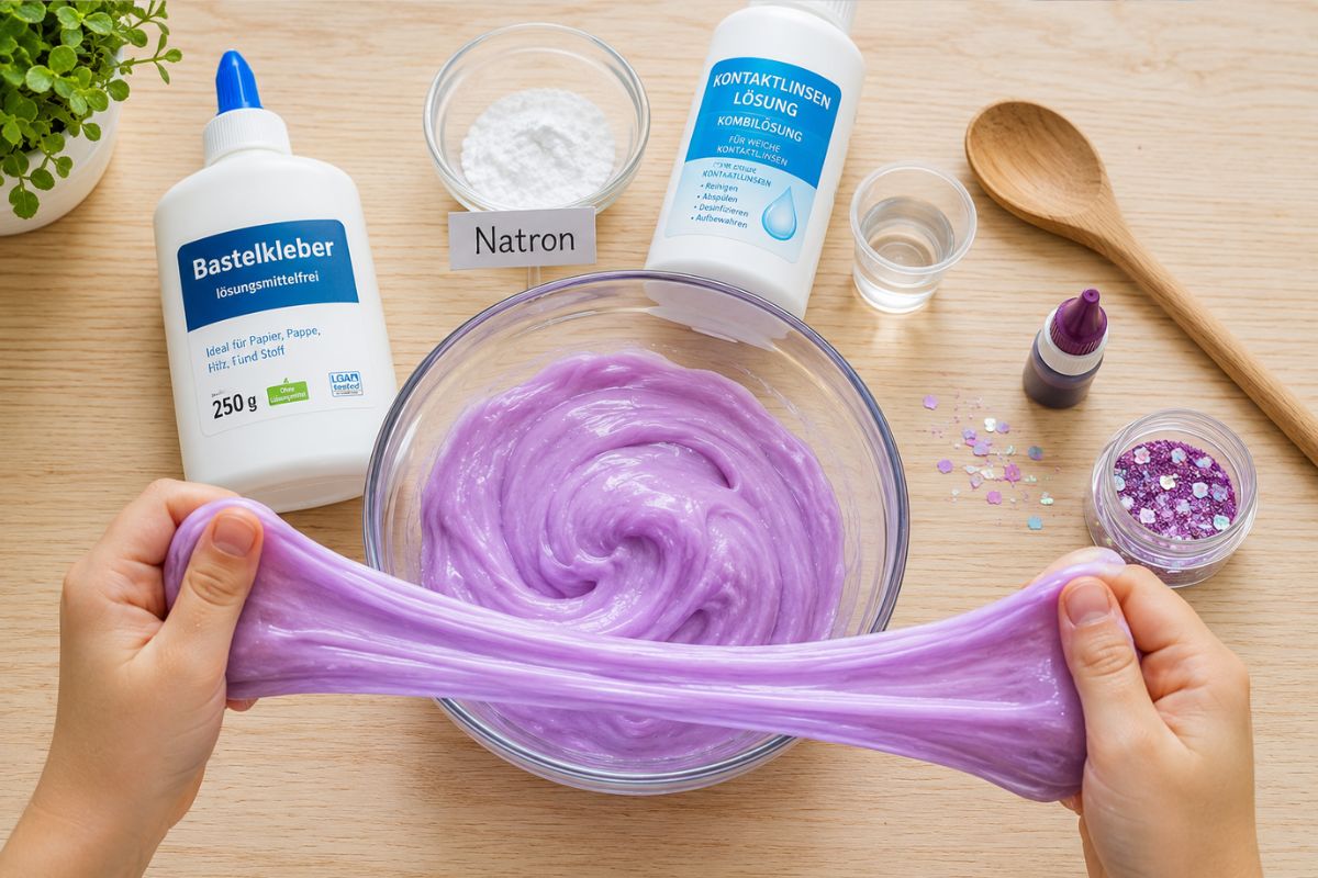 Kinderhände ziehen selbstgemachten lila Slime auseinander. Daneben liegen Bastelkleber, Natron, Kontaktlinsenlösung, Glitzer und eine Glasschüssel auf einem hellen Holztisch.