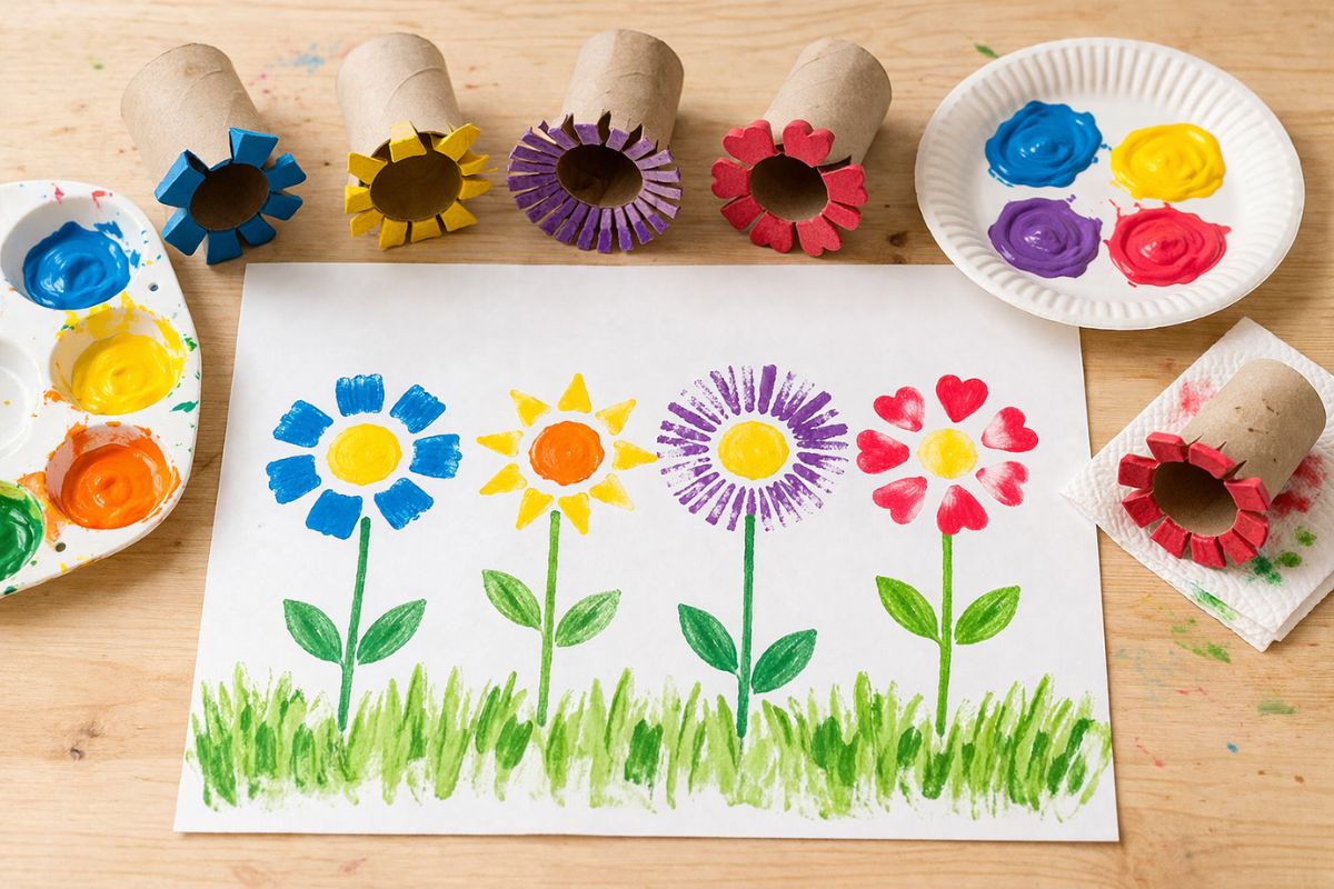 Kind stempelt bunte Blumen mit Klopapierrollen auf Papier. Einfache Bastelidee für den Frühling