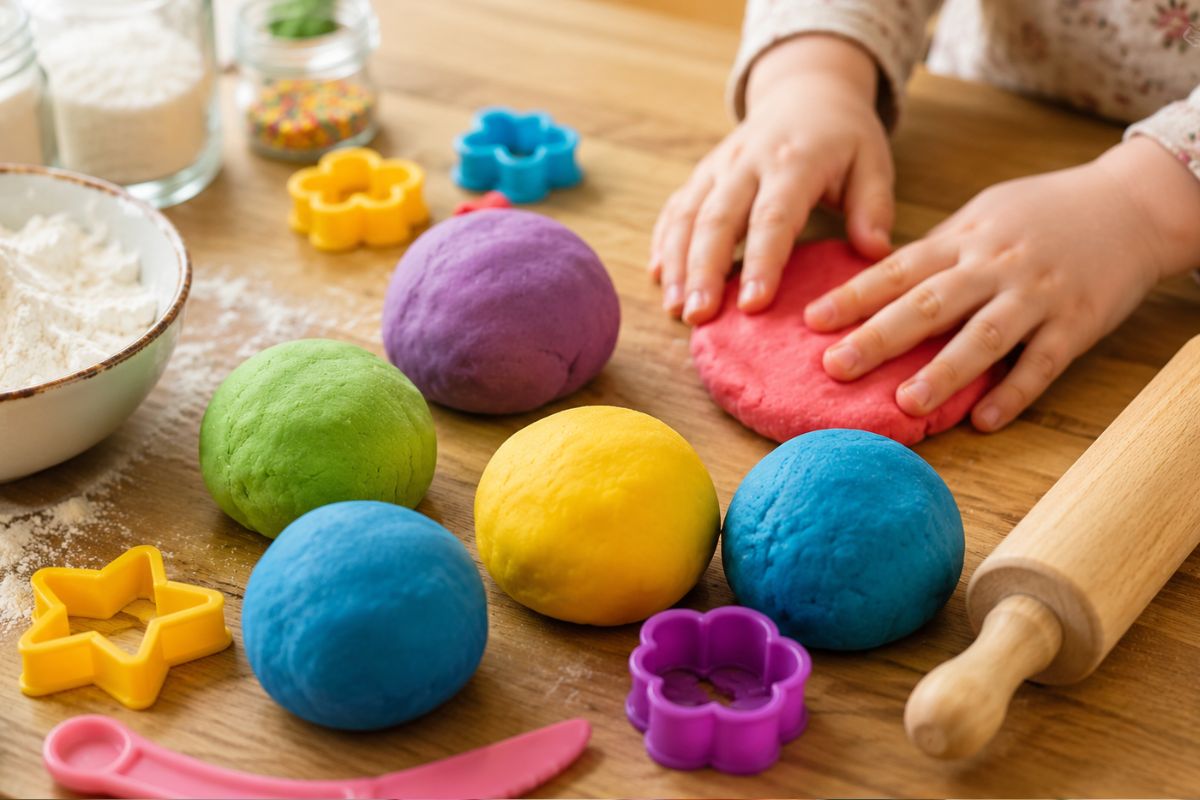Knete selber machen für Kinder: Bunte selbstgemachte Knete mit Ausstechformen, Nudelholz und Kinderhänden am Basteltisch