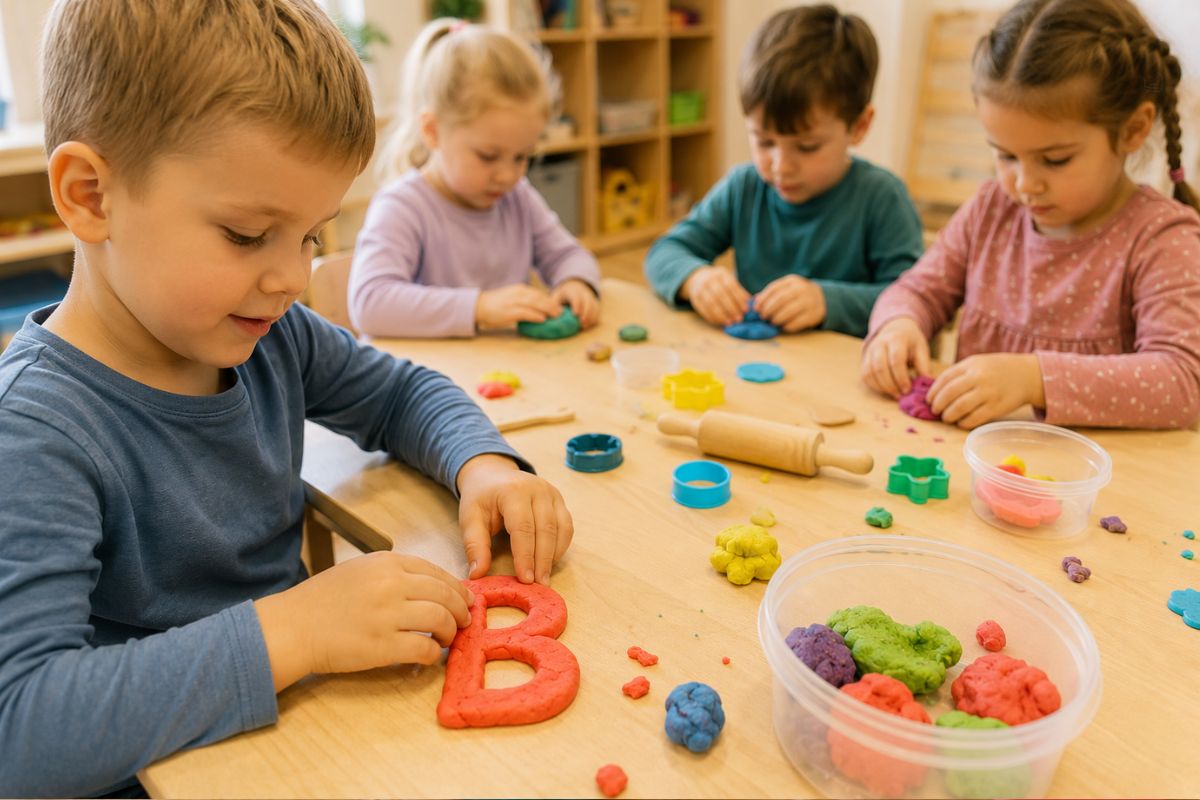 Kindergartenkind formt den Buchstaben B aus selbstgemachter Knete, während andere Kinder gemeinsam am Tisch kneten
