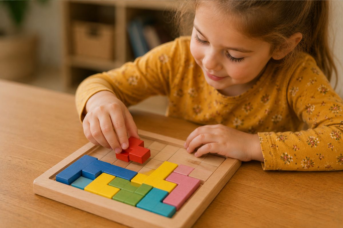 Vorschulkind spielt konzentriert ein Logik- und Knobelspiel mit bunten Holzformen
