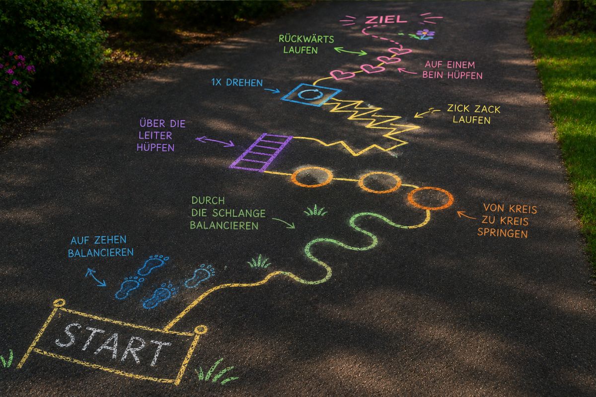 Bunter Kreide-Parcours für Kinder draußen mit Linien, Kreisen, Pfeilen und Hüpfstationen auf Asphalt