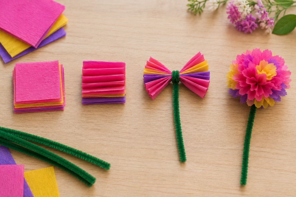 Schritt-für-Schritt-Anleitung zum Basteln einer Blume aus Krepppapier mit quadratischen Papierstücken und Pfeifenreiniger als Stiel