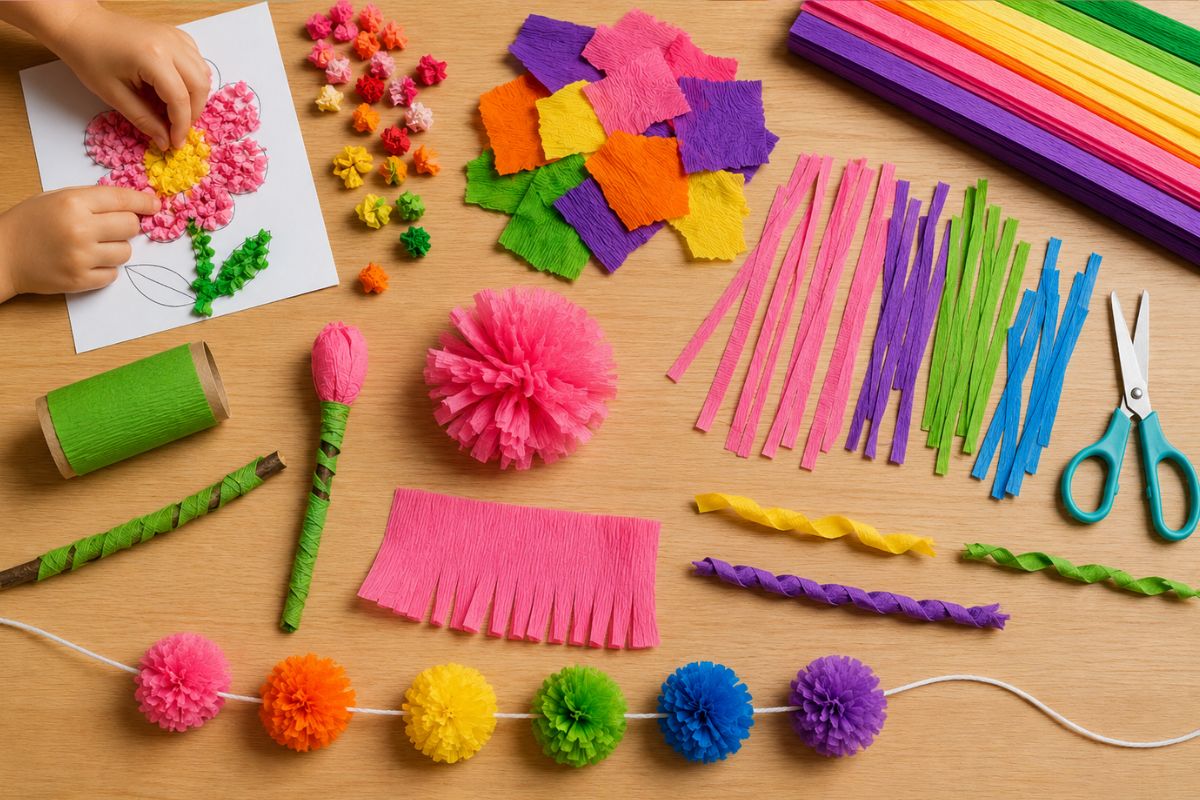 Basteln mit Krepppapier: Kind knüllt, reißt, schneidet, wickelt und verdreht buntes Krepppapier für verschiedene Basteltechniken.
