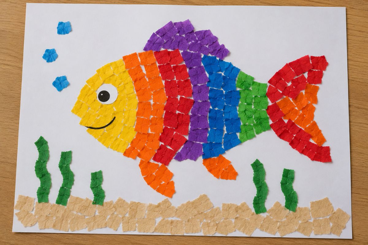 Mosaik basteln mit Krepppapier: Von einem Kind gebastelter bunter Fisch aus kleinen gerissenen Krepppapierstücken auf weißem Papier.