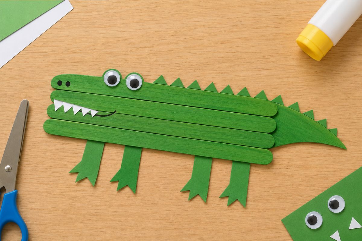 Selbst gebasteltes Krokodil aus grünen Eisstielen mit Papierbeinen, gezackten Zähnen und Wackelaugen als kreative Bastelidee für Kinder.