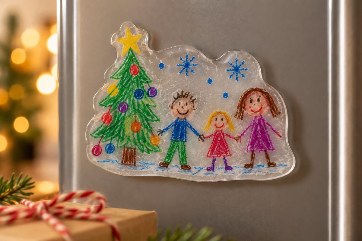 Kühlschrankmagnet aus Schrumpffolie mit selbst gemaltem Weihnachtsbild eines Kindes