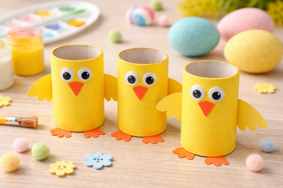 Gebastelte Küken aus Klopapierrollen mit Augen, Schnabel und Flügeln auf einem Tisch