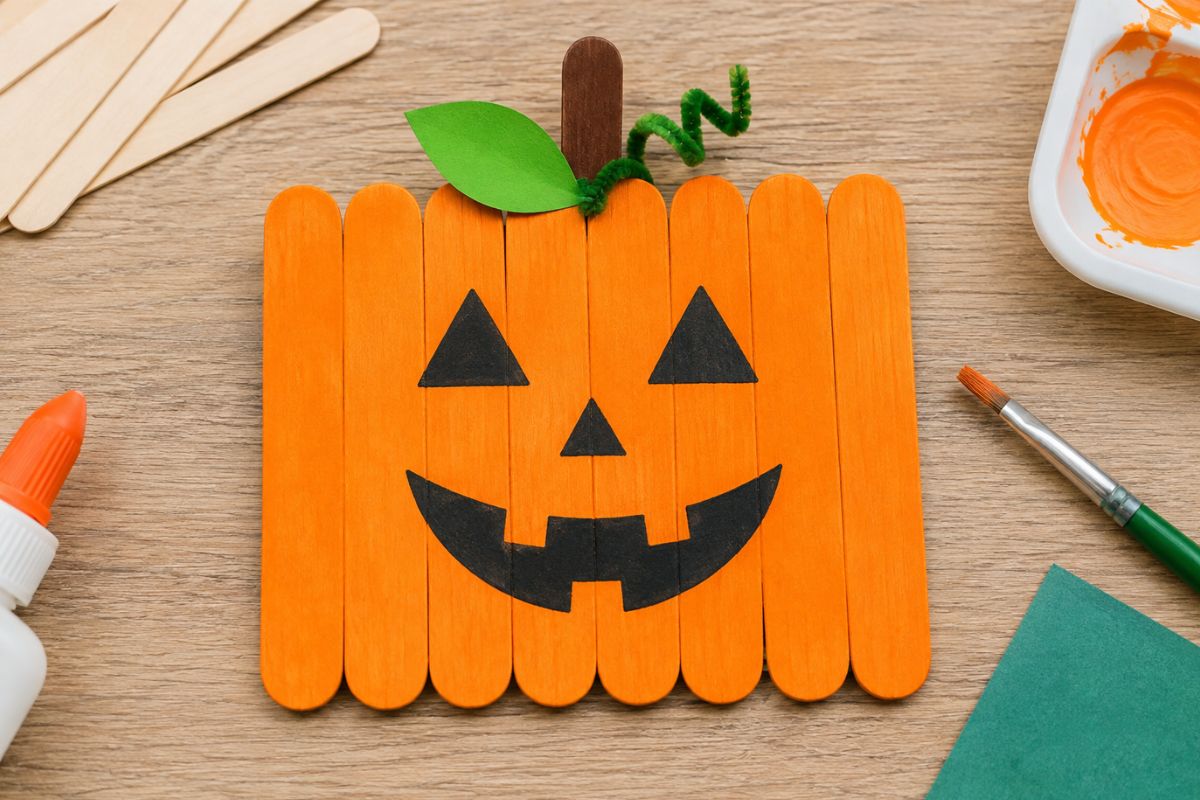 Halloween-Kürbis aus orange bemalten Eisstielen mit aufgemaltem Gesicht, grünem Blatt und Stiel als einfache Bastelidee für Kinder.