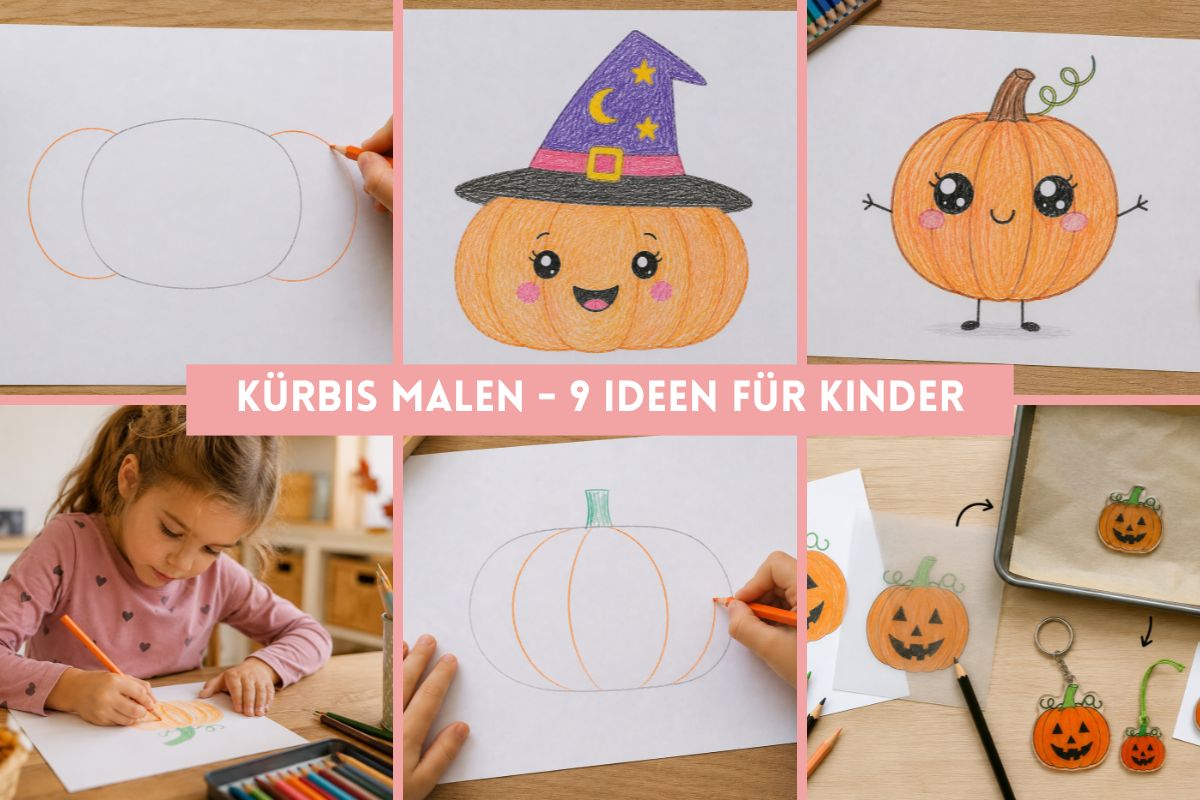 Kürbis malen für Kinder: Collage mit neun einfachen Kürbisideen, Schritt-für-Schritt-Anleitung und Bastelideen