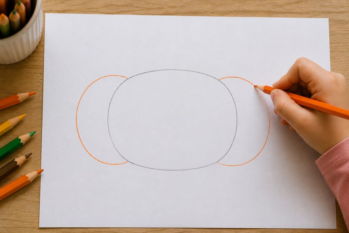 Kind zeichnet beim Kürbis malen zwei äußere Rundungen an ein breites, abgeflachtes Oval
