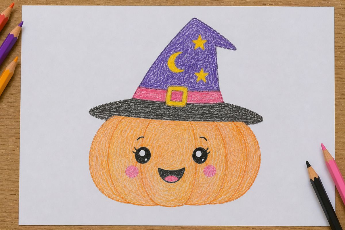 Freundlicher Kürbis mit lila Hexenhut, Sternen und Mond einfach mit Buntstiften gemalt