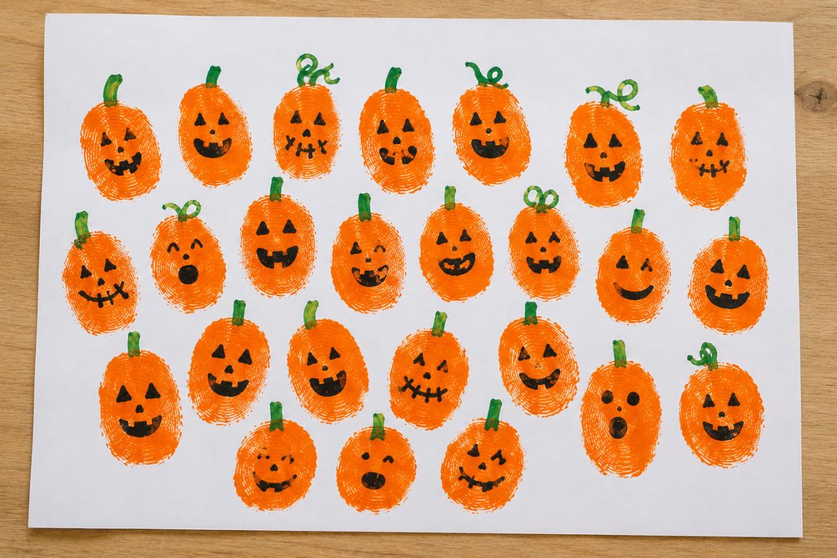 Halloween-Kürbisfeld aus orangefarbenen Fingerabdrücken mit aufgemalten Gesichtern und grünen Stielen auf weißem Papier.