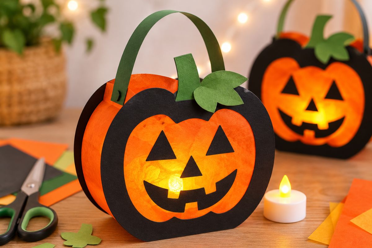 Leuchtende Kürbislaterne aus schwarzem Tonkarton und orangefarbenem Transparentpapier mit LED-Licht als Halloween-Bastelidee für Kinder.